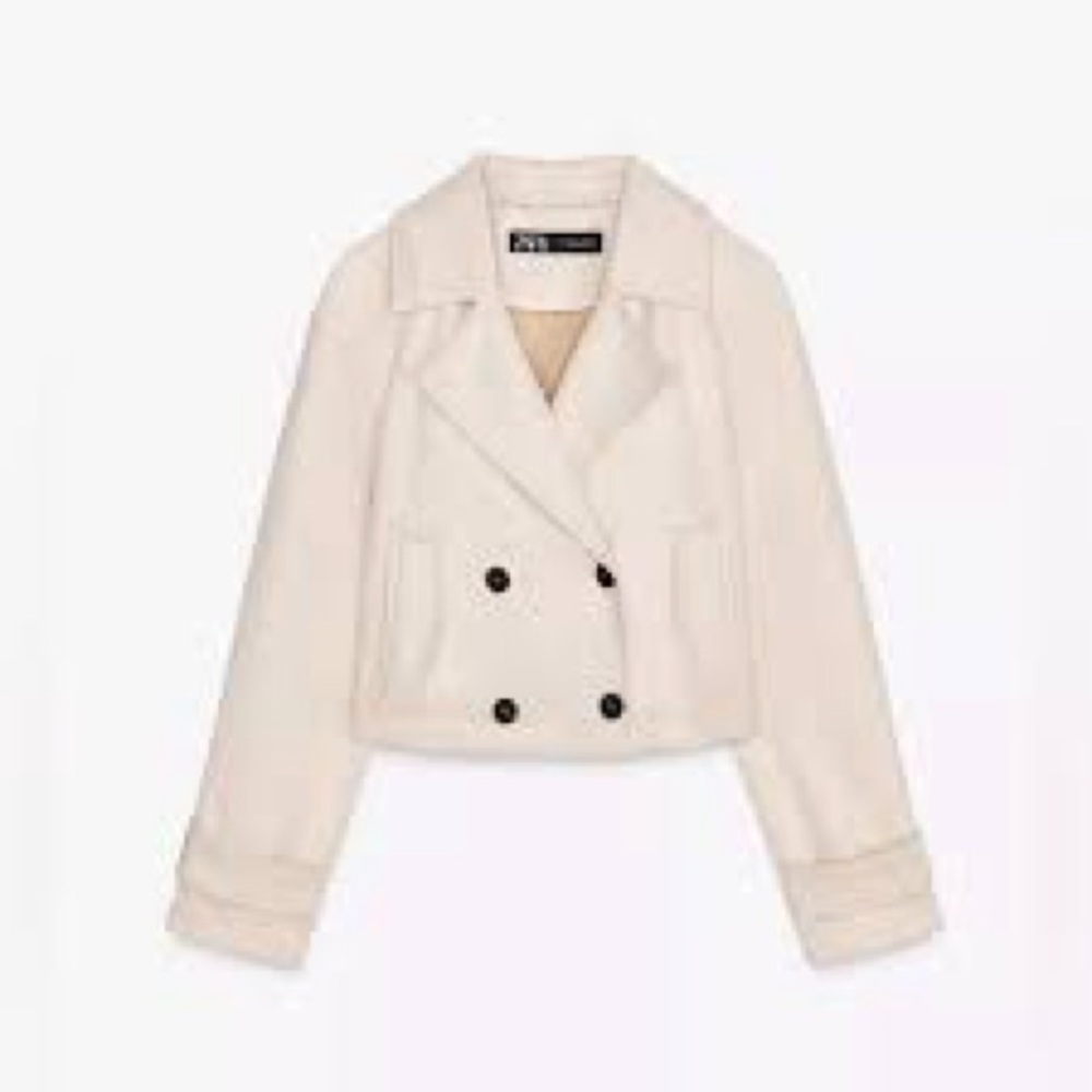 ZARA Womens Double-Breasted Cream Cropped Jacket